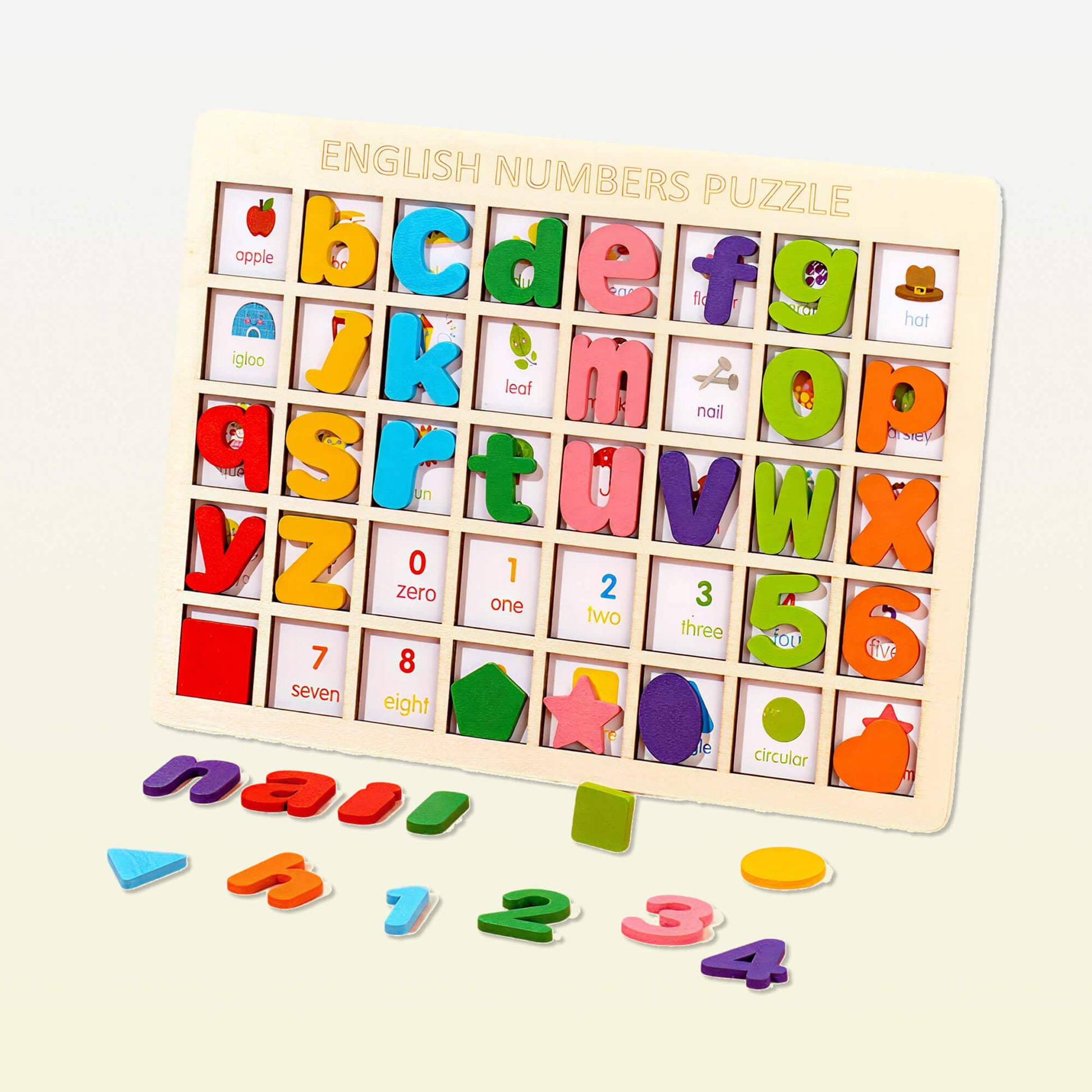 Wooden English numbers and alphabet puzzle with colorful letters and numbers on a light background