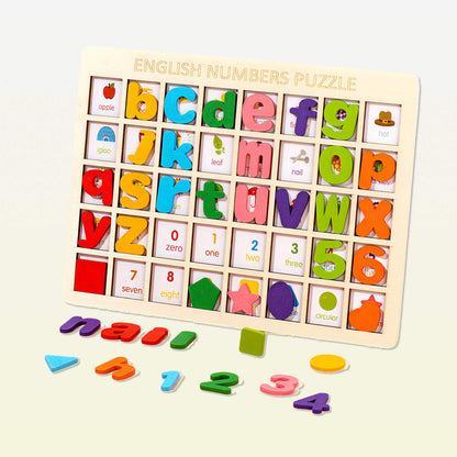 Wooden English numbers and alphabet puzzle with colorful letters and numbers on a light background