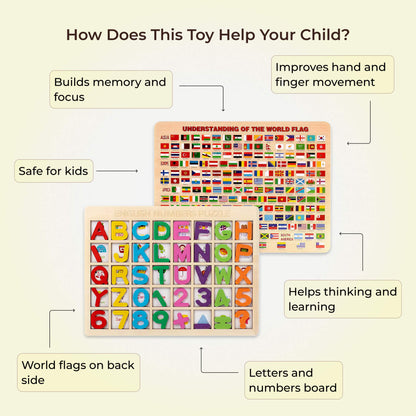 Wooden educational toy with alphabet, numbers, and world flags on a yellow background