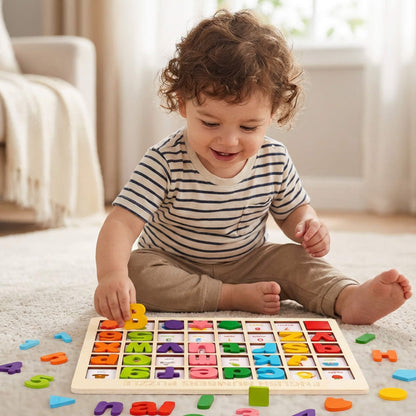 Child playing with a wooden alphabet puzzle on the floor.