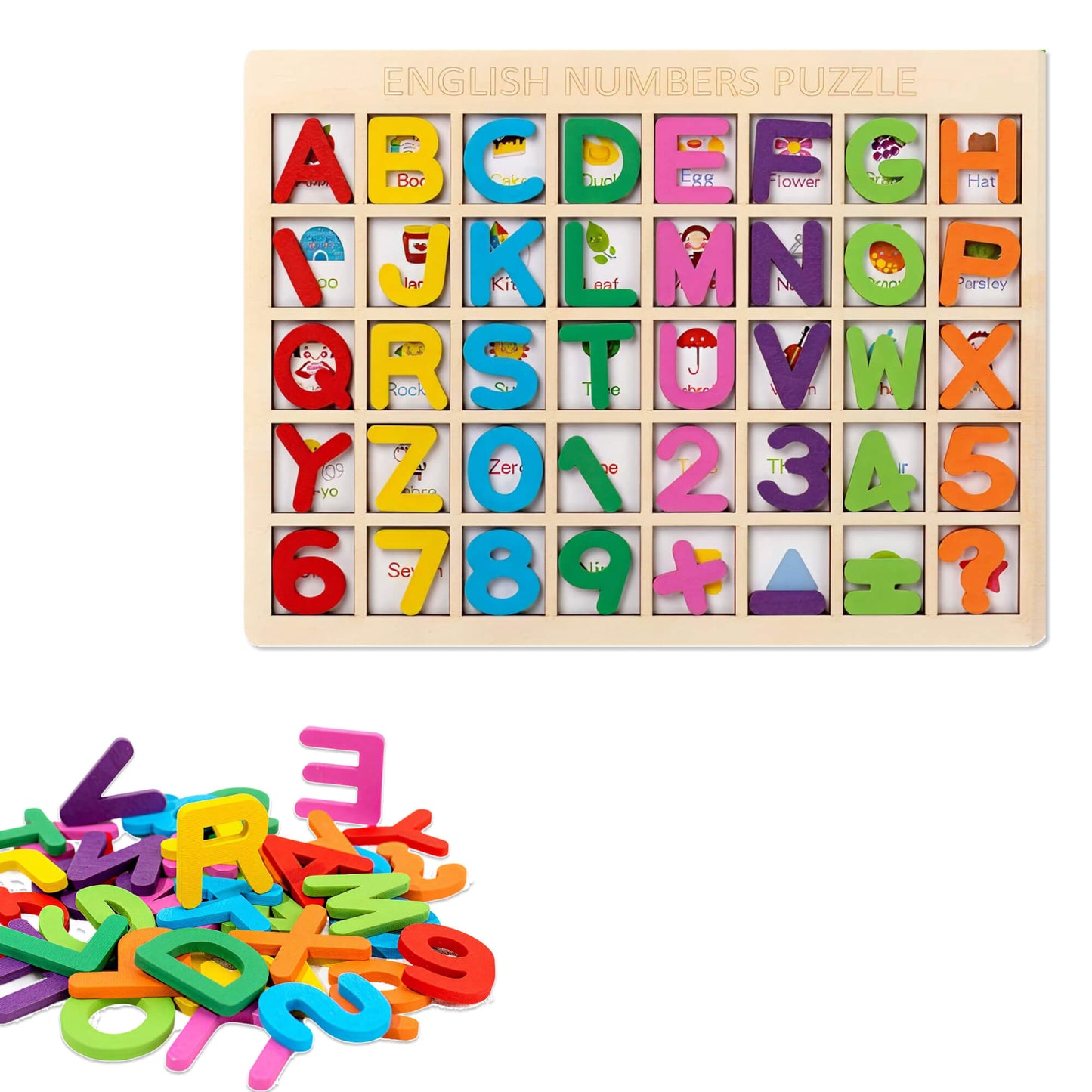 Wooden alphabet and number puzzle with colorful letters and numbers on a white background
