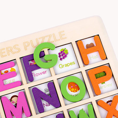 Wooden alphabet puzzle with colorful letters and pictures on a white background